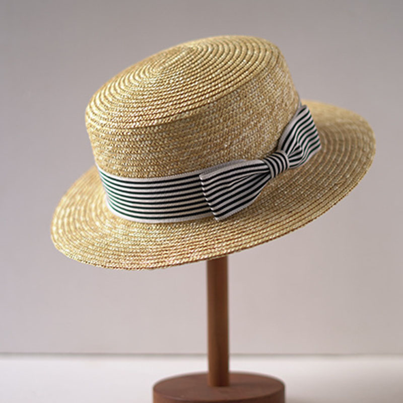 넓은 챙 보트 모자, 플랫 탑 썬 햇, 스트라이프 리본 - Bucket Hat Straw 리뷰 및 가격
